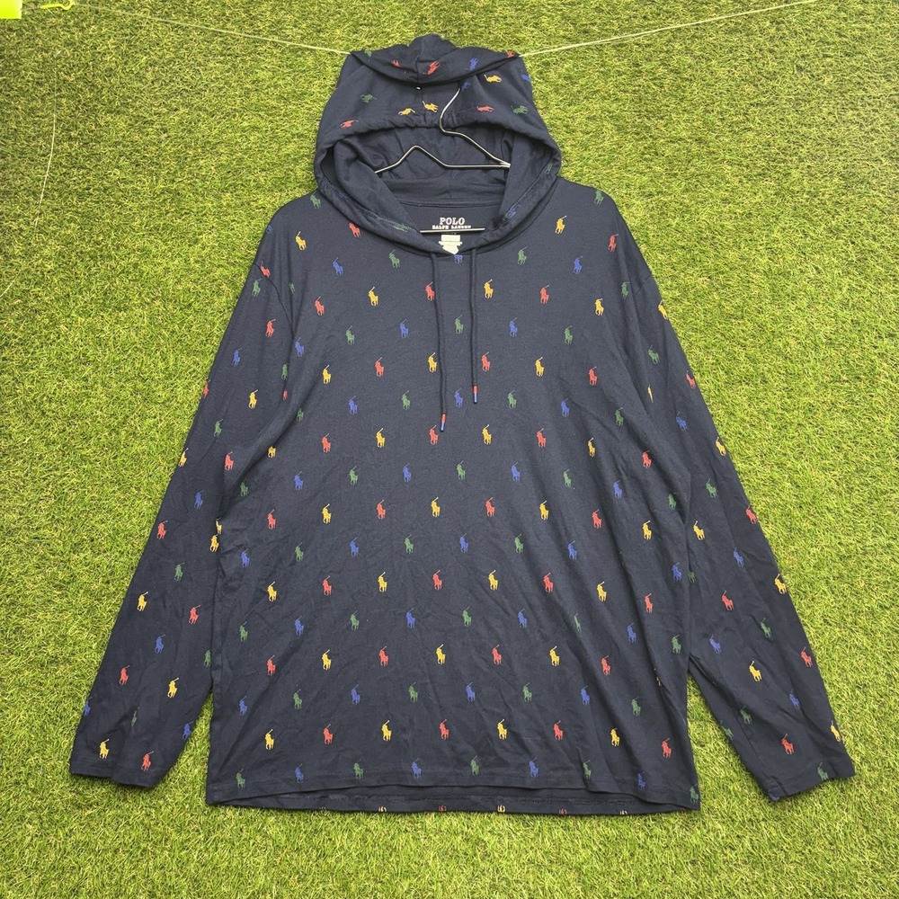 Polo Ralph Lauren Hoodie Mens Large Blue Lightweight Pullover AOP Pony Logo